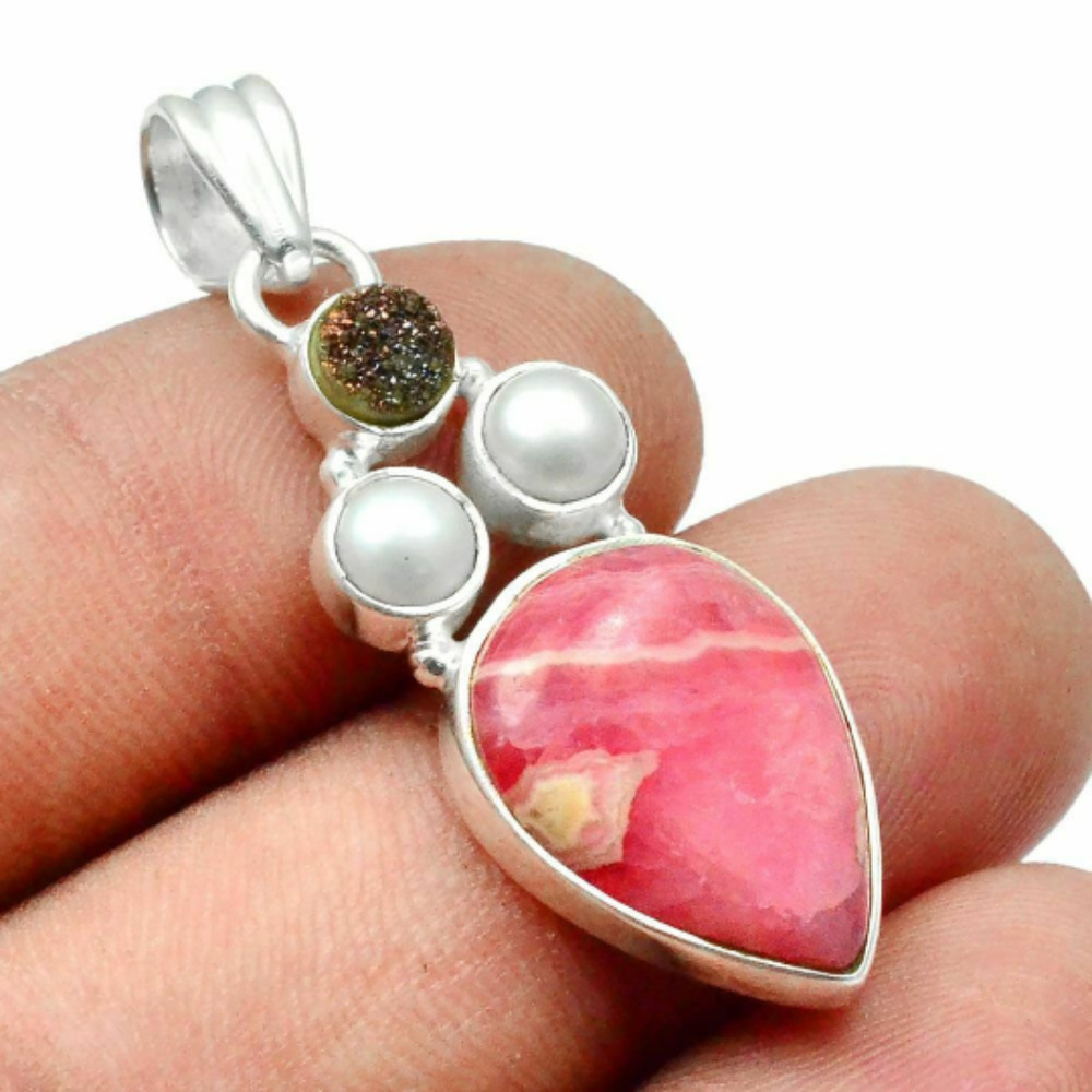 Rhodochrosite, Pearl, & Crystal Druzy Solid Silver